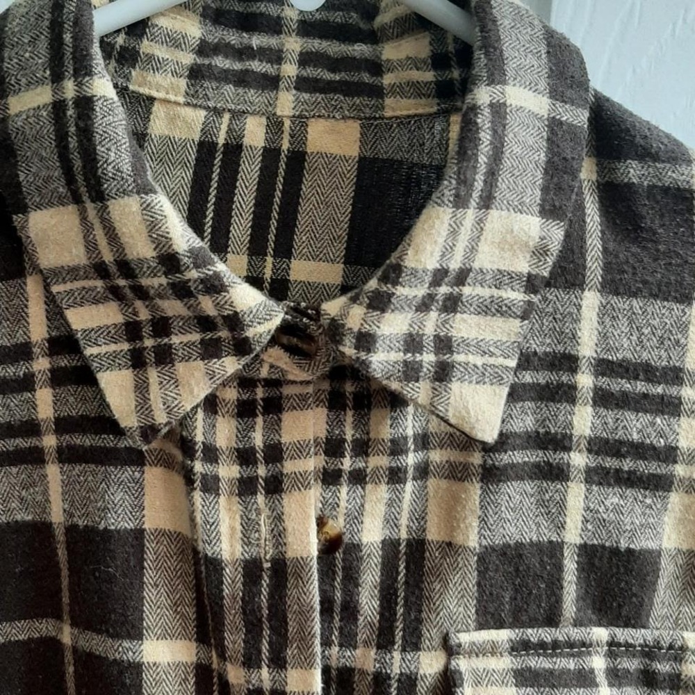 Romwe Brown Tan Plaid Flannel Button Down Shirt Small Long Sleeve Pocket Top S - Picture 6 of 8